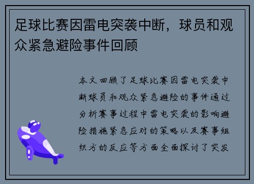 足球比赛因雷电突袭中断，球员和观众紧急避险事件回顾