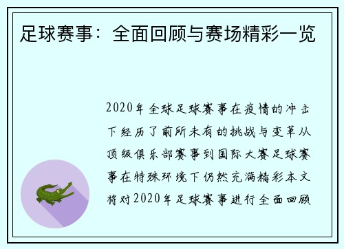 足球赛事：全面回顾与赛场精彩一览