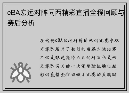 cBA宏远对阵同西精彩直播全程回顾与赛后分析