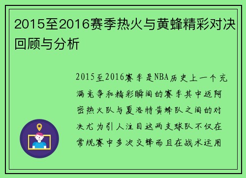 2015至2016赛季热火与黄蜂精彩对决回顾与分析