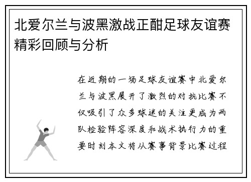 北爱尔兰与波黑激战正酣足球友谊赛精彩回顾与分析