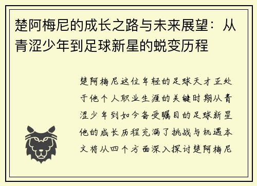 楚阿梅尼的成长之路与未来展望：从青涩少年到足球新星的蜕变历程
