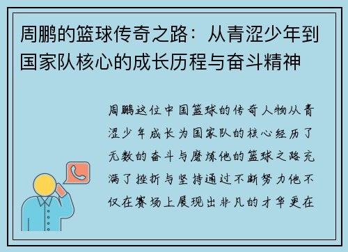 周鹏的篮球传奇之路：从青涩少年到国家队核心的成长历程与奋斗精神