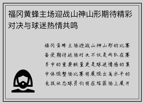 福冈黄蜂主场迎战山神山形期待精彩对决与球迷热情共鸣