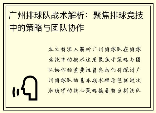 广州排球队战术解析：聚焦排球竞技中的策略与团队协作