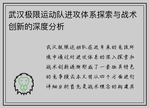 武汉极限运动队进攻体系探索与战术创新的深度分析