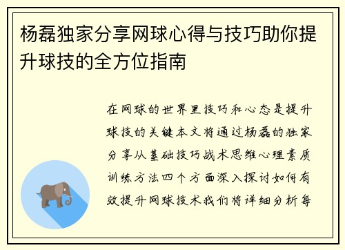 杨磊独家分享网球心得与技巧助你提升球技的全方位指南