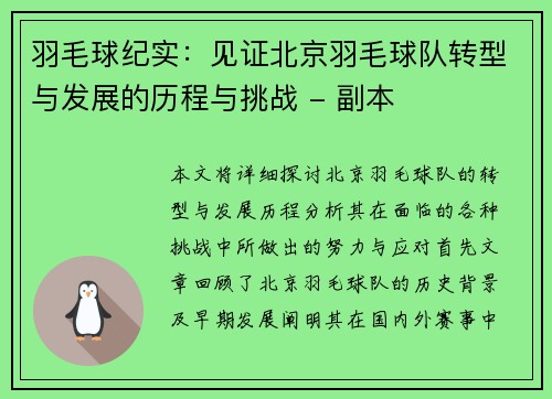 羽毛球纪实：见证北京羽毛球队转型与发展的历程与挑战 - 副本