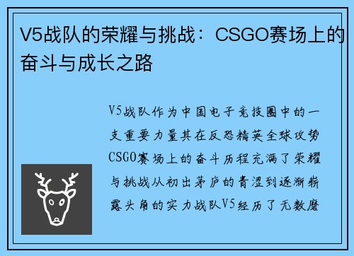 V5战队的荣耀与挑战：CSGO赛场上的奋斗与成长之路